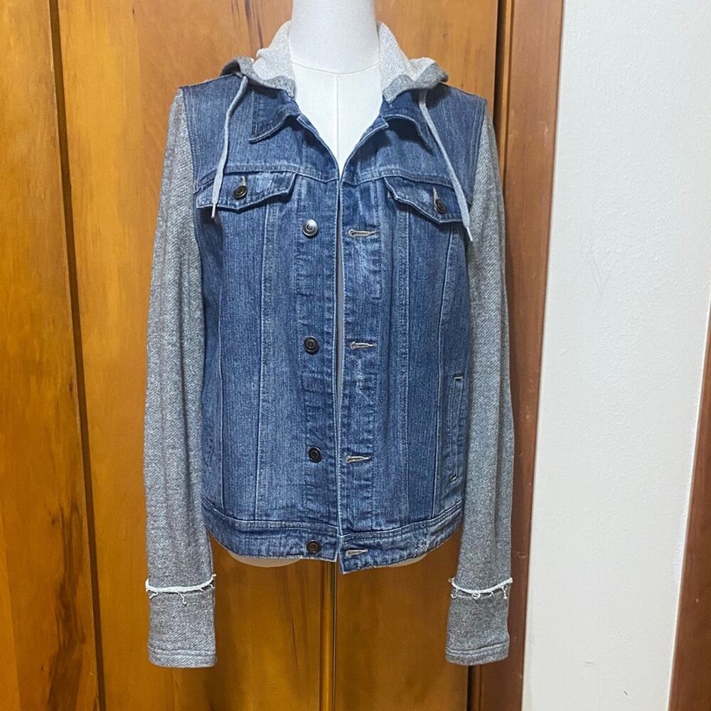 Harper Blue Denim Jean Jacket Gray Sweatshirt Long Sleeves Drawstring Hoodie